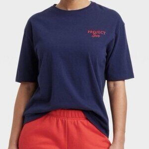Women's Oversized Short Sleeve Knit Graphic T-Shirt - Size XL 100% Cotton Navy